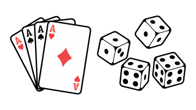 Four aces playing cards with rolling white dice showing various pips for gambling and casino concepts set.
