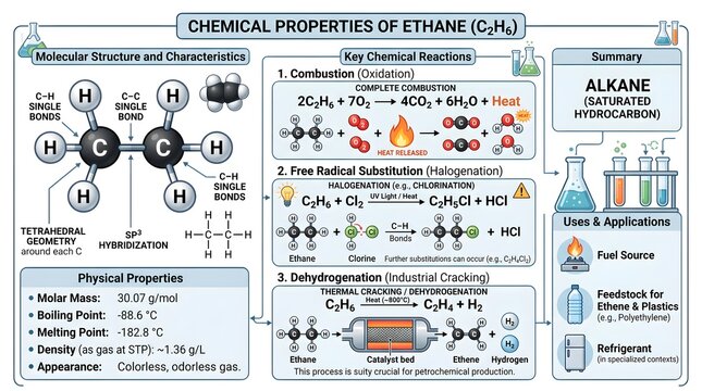 Chemical Properties of Ethane (C₂H₆): Molecular Structure, Physical Data, Combustion Behavior, Free Radical Substitution with Halogens and Industrial Dehydrogenation to Ethene Illustrated in a Clear E
