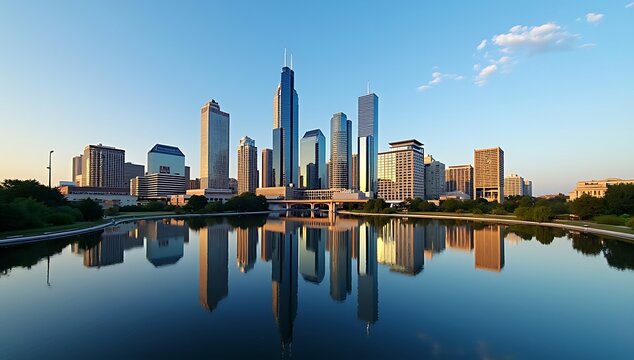 Omaha Nebraska Skyline Reflected in Calm Water at Sunset.