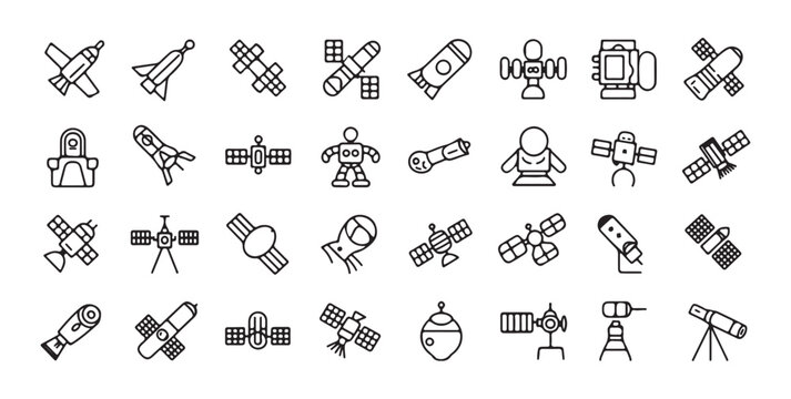 Minimalist space technology line icon collection featuring satellites spacecraft and scientific stations.