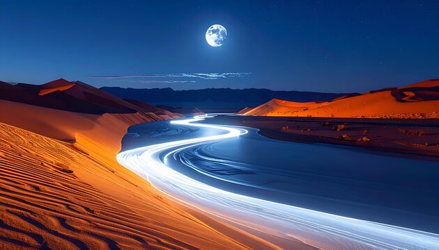 Night desert landscape, glowing river winds through dunes, illuminated by a bright full moon
