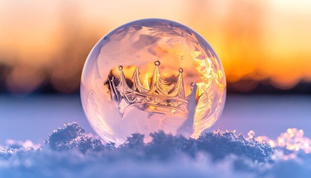 A frozen soap bubble on snow, with a crown pattern inside, sunrise background