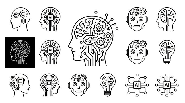 Artificial Intelligence Brain Technology Icons Set.