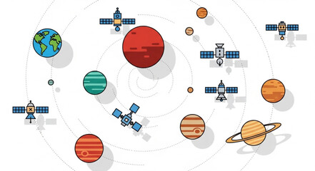 Various satellites and planets in outer space illustration. © Lili