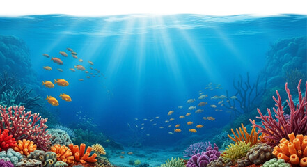 Underwater scene with coral reef and sun rays. © Lili
