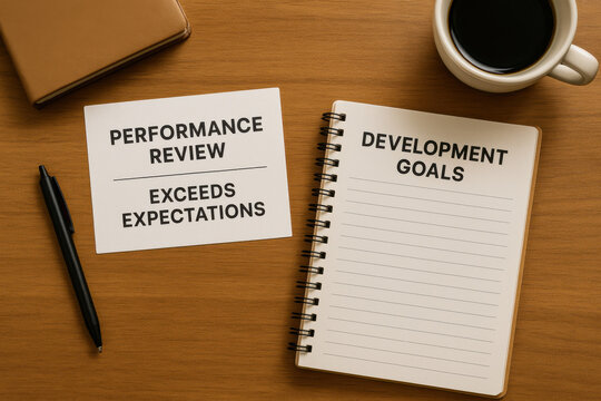 Performance review document showing exceed expectation feedback next to development goal notebook on wooden desk with coffee cup and pen office workspace