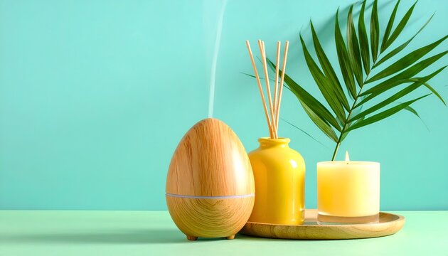 Aromatic scene humidifier, yellow vase with reeds, lit candle, fern, on a mint surface