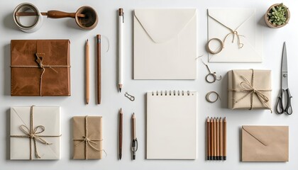 Fototapeta premium Overhead shot of stationery various items arranged on a white surface, mostly neutral tones