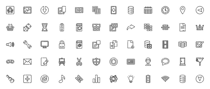 Electronic & web element icon set. Minimal thin line icons. Vector illustration. Featuring taxi, download, database, clock, shield, wifi, email and more. Editable vector stroke.