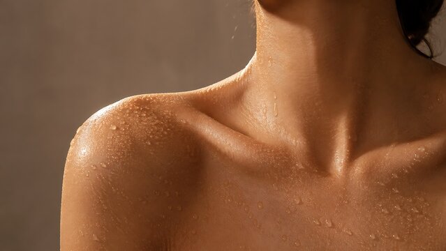 Closeup of a womans shoulders and neck with glowing, dewy skin covered in water droplets