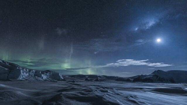 Antarctic Nightscape With Moonlight and Aurora Glow