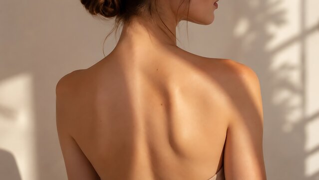 Closeup of a womans bare back and shoulders with soft natural lighting