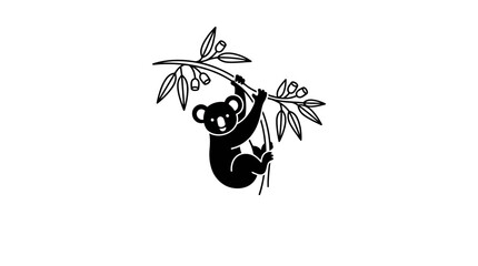 Minimalist black and white line art illustration of a koala hanging from a eucalyptus branch. © meurelina