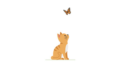 A cute ginger tabby kitten looking up at a flying butterfly. © meurelina