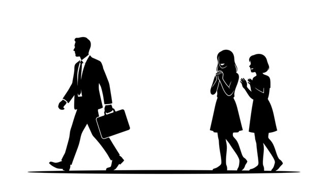 Silhouette illustration of a businessman walking past two whispering women.