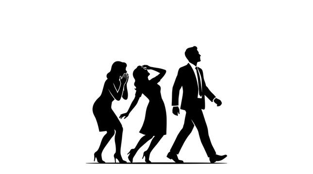 Silhouette illustration of women gossiping behind a walking businessman.