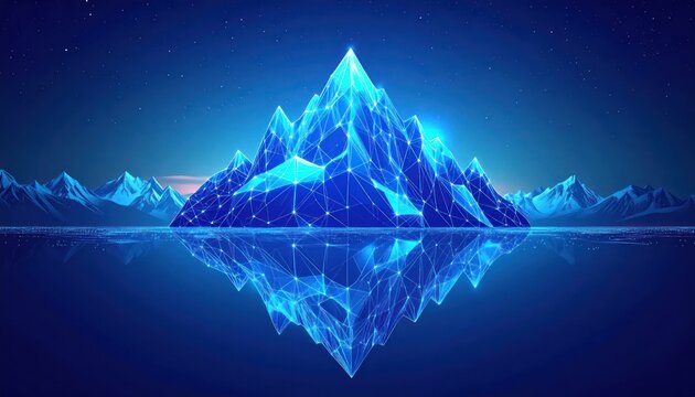 Luminous geometric mountain range with glowing blue network connections reflecting perfectly in calm water under a starry night sky representing futuristic data visualization