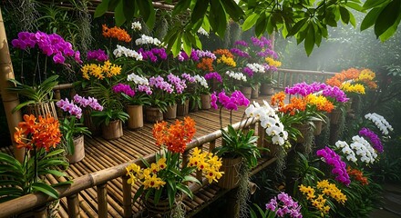 Fototapeta premium A breathtaking display of colorful orchids in full bloom, arranged on bamboo shelves within a lush, misty botanical garden setting.