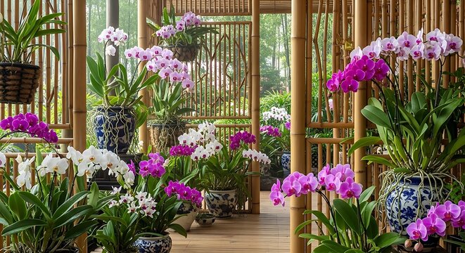 A vibrant display of colorful orchids in various pots and hanging baskets within a serene bamboo-framed garden setting.