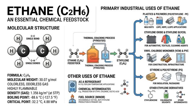 Ethane (C₂H₆) as an Essential Chemical Feedstock: Molecular Structure, Key Physical Properties, Steam Cracking to Ethylene and Major Industrial Uses in Plastics, Solvents, Fuel Gas and Other Value‑Add
