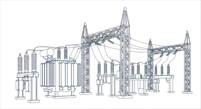 Electrical substation with transformer and power lines, wireframe illustration