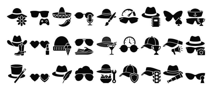 Set of hat and sunglasses icons. Headwear and eyewear symbols, accessories, hobby and profession pictograms. Lifestyle activities, travel, summer, sports, music, art, cooking, magic, detective,