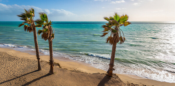 Three palm trees standing on a sunny sandy beach next to calm blue ocean water