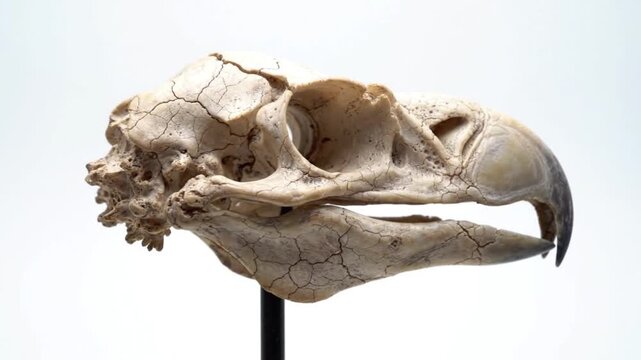 A close-up view of an eagle skull on a stand in a museum setting