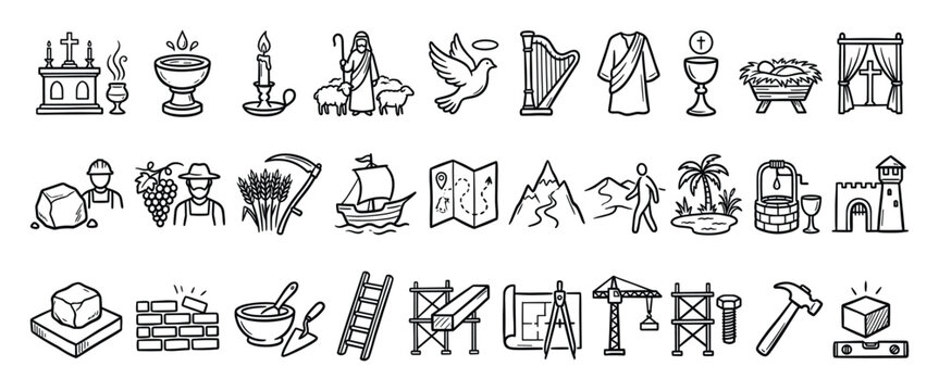 Set of religious, construction, and labor icons. Biblical symbols, Christian, shepherd. Building tools, architecture, engineering, crane, blueprint. Agriculture, travel, nature, adventure