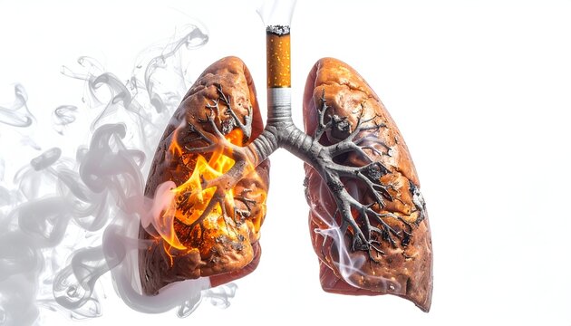 Illustration depicts diseased lungs with a cigarette, engulfed in smoke, against white