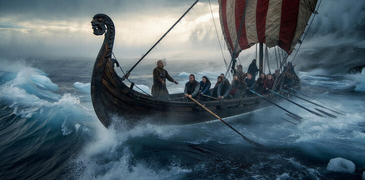 Viking longship with warriors navigating through a stormy icy sea, longship