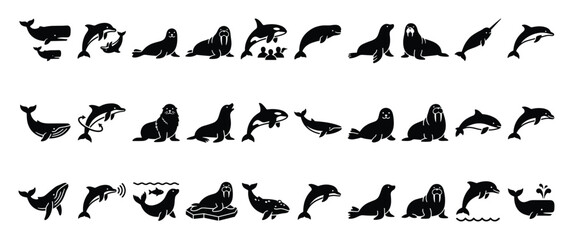Fototapeta premium Set of marine mammal icons. Whale, dolphin, seal, walrus, narwhal, orca, beluga, cetacean, pinniped, sea animals, aquatic life, ocean creatures pictogram collection for web, app, ui, logo, graphic.