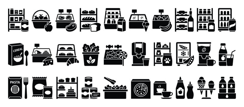 Set of grocery store food icons. Supermarket shopping, retail market products, fresh meat dairy bakery beverages canned frozen items. Pantry essentials, kitchen foodstuffs, organic and packaged