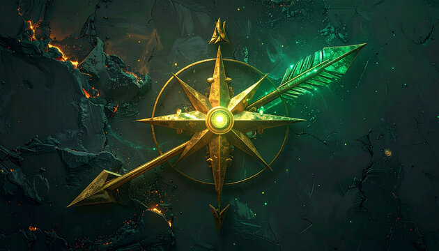 Golden Compass with Glowing Green Light on Ancient Map