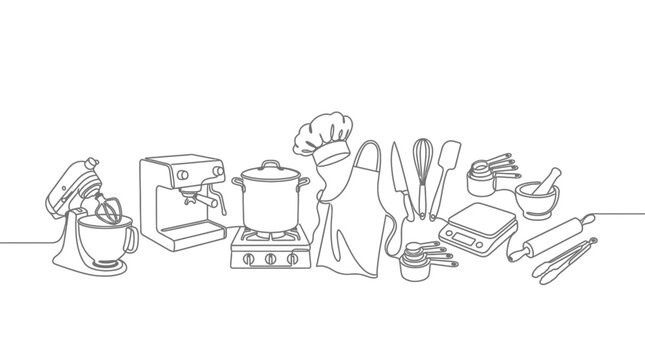 Continuous one line drawing of kitchen appliances and culinary tools set.
