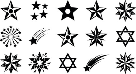 Collection of black silhouette star icons featuring shooting stars, firework bursts, hexagrams, and compass vector illustrations © arifa journal!