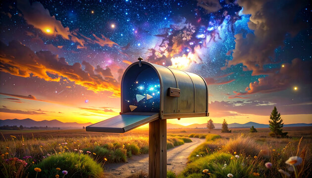 Magical mailbox in field with starry night sky and sunset