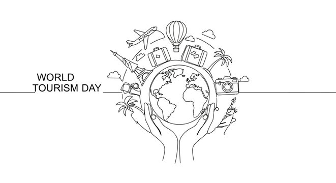 World Tourism Day conceptual illustration with hand drawn earth globe and travel icons.