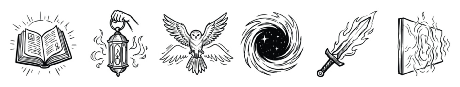 Set of magic icons. Mystical adventure symbols, arcane objects, fantasy glyphs. Spellbook, flaming lantern, wise owl, cosmic portal, fire sword, burning tome graphics.