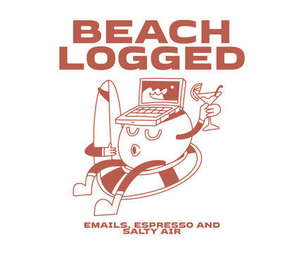Beach Logged Summer Vacation T-shirt Design for Print. Retro Summer Cartoon Vector Illustration. Clothing Apparel Design for Brand, Tropical, Beach, Remote Worker, Digital Nomad Graphic Tee