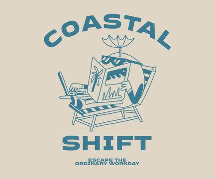 Coastal Shift, Summer Vacation T-shirt Design for Print. Retro Summer Cartoon Vector Illustration. Clothing Apparel Design for Brand, Tropical, Beach, Remote Worker, Digital Nomad Graphic Tee