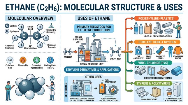 Ethane (C₂H₆) Molecular Structure and Uses: Educational Graphic Linking Basic Alkane Geometry and Properties to Industrial Steam Cracking, Ethylene Synthesis and Production of Plastics, Fibers, Films,