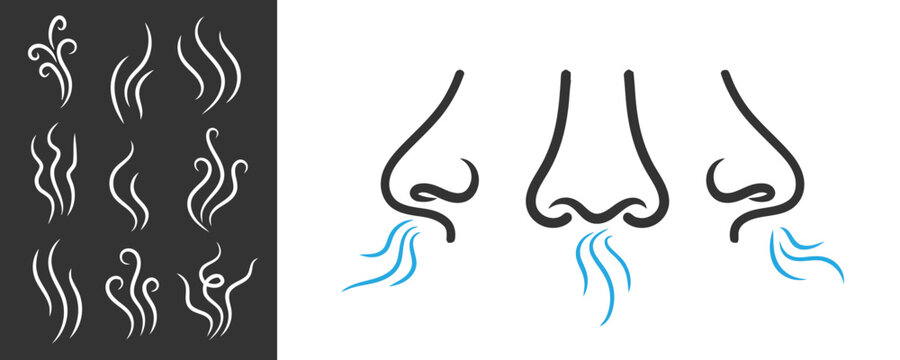 Nose sniffing icon set with aroma steam lines, sensory perception