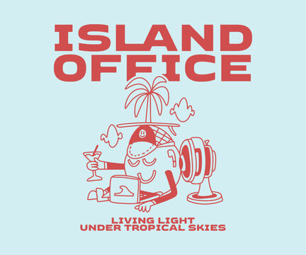 Island Office, Summer Vacation T-shirt Design for Print. Retro Summer Cartoon Vector Illustration. Clothing Apparel Design for Brand, Tropical, Beach, Remote Worker, Digital Nomad Graphic Tee