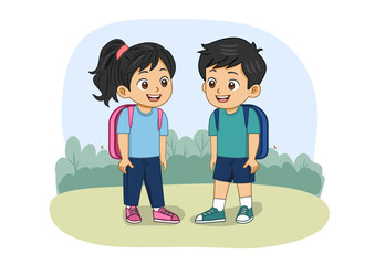 children talking each other, kids cartoon, going school.