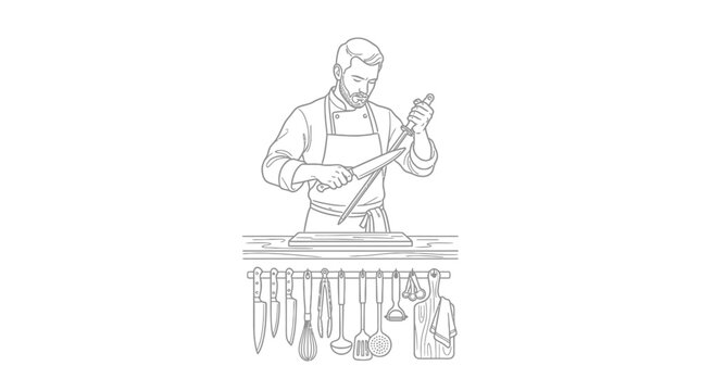 Professional chef sharpening a knife in a commercial kitchen.