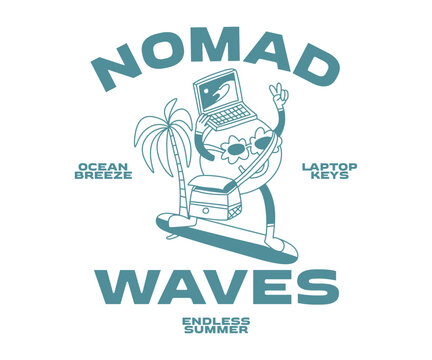 Nomad Waves, Summer Vacation T-shirt Design for Print. Retro Summer Cartoon Vector Illustration. Clothing Apparel Design for Brand, Tropical, Beach, Remote Worker, Digital Nomad Graphic Tee