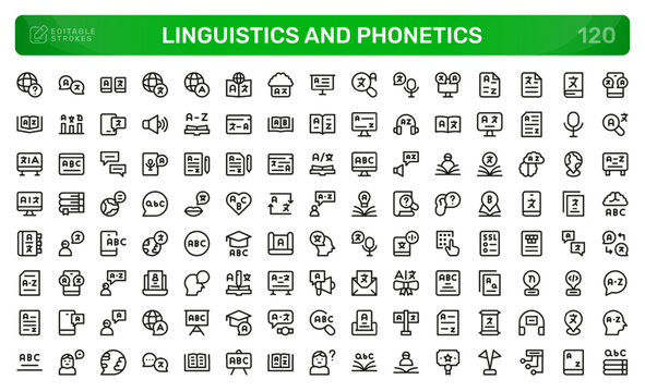 Linguistics and Phonetics icon set. Editable line icons. Professional and modern outline icon pack vector illustration with semantic meaning diagrams and word association symbols in a simple design.