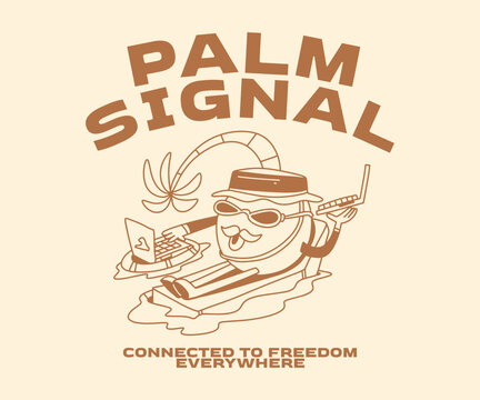 Palm Signal Summer Vacation T-shirt Design for Print. Retro Summer Cartoon Vector Illustration. Clothing Apparel Design for Brand, Tropical, Beach, Remote Worker, Digital Nomad Graphic Tee