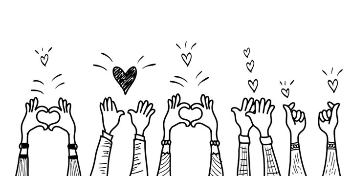 Raised hands showing heart gestures, a doodle drawing of unity
